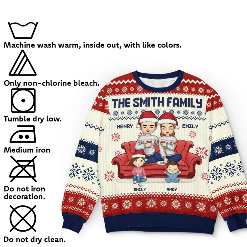 Zuhause ist, wo Familie und Haustiere Freude bringen – Personalisierter Ugly-Christmas-Sweatshirt für Familie – Unisex Wollpullover – Weihnachtsgeschenk für Familienmitglieder, Tierbesitzer und Tierliebhaber