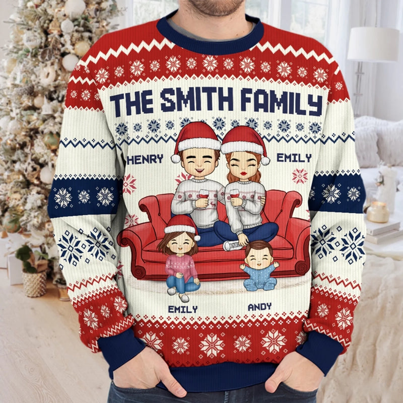 Zuhause ist, wo Familie und Haustiere Freude bringen – Personalisierter Ugly-Christmas-Sweatshirt für Familie – Unisex Wollpullover – Weihnachtsgeschenk für Familienmitglieder, Tierbesitzer und Tierliebhaber