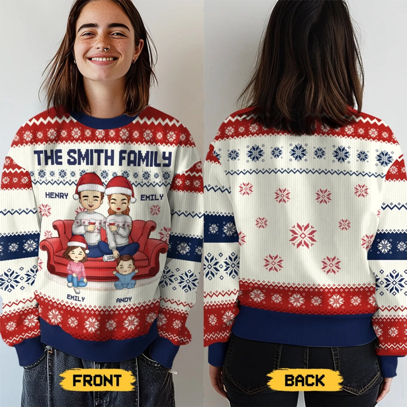 Zuhause ist, wo Familie und Haustiere Freude bringen – Personalisierter Ugly-Christmas-Sweatshirt für Familie – Unisex Wollpullover – Weihnachtsgeschenk für Familienmitglieder, Tierbesitzer und Tierliebhaber