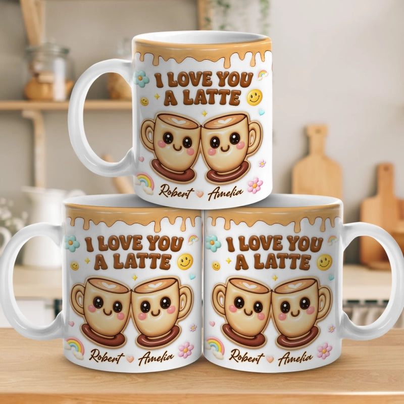 Personalisierte Tasse mit 3D-Reliefeffekt – Individuelles Hochzeits- oder Jubiläumsgeschenk für Ehemann und Ehefrau, für ihn und sie – Aufdruck „I Love You A Latte“