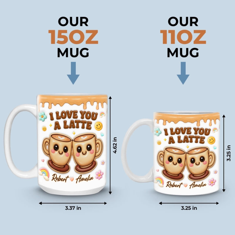 Personalisierte Tasse mit 3D-Reliefeffekt – Individuelles Hochzeits- oder Jubiläumsgeschenk für Ehemann und Ehefrau, für ihn und sie – Aufdruck „I Love You A Latte“