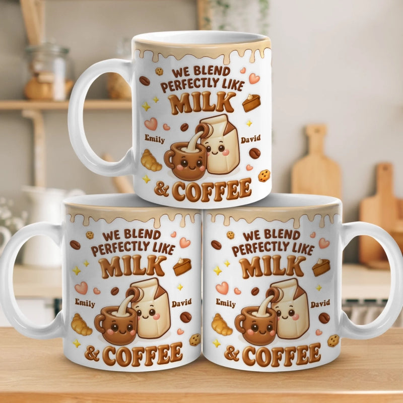 Personalisierte Tasse mit 3D-Reliefeffekt – Individuelles Jubiläums- oder Hochzeitsgeschenk für Ehemann und Ehefrau, für ihn und sie – „Wir passen perfekt zusammen wie Milch und Kaffee“