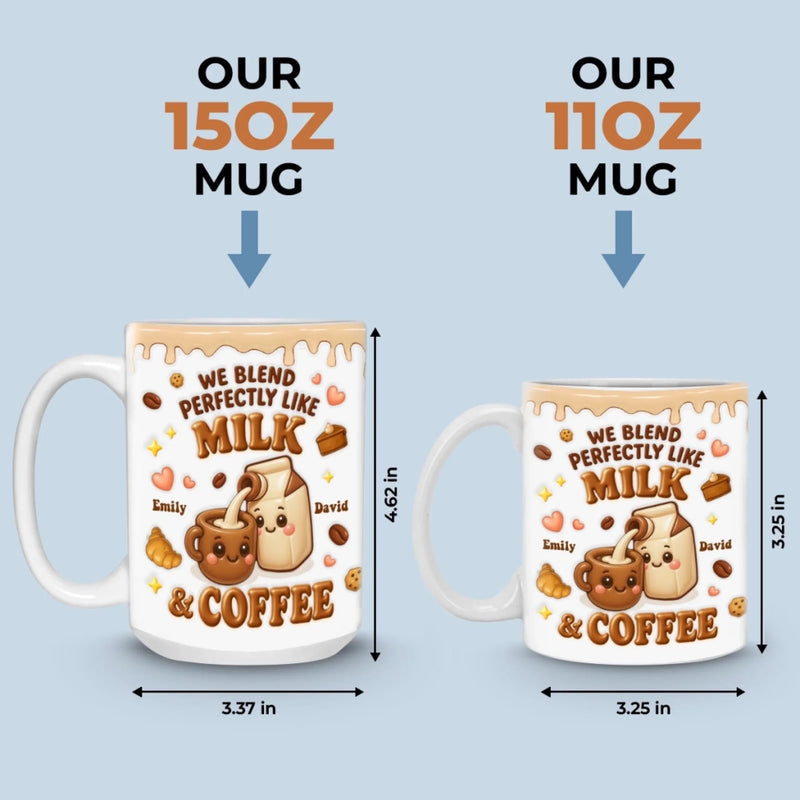 Personalisierte Tasse mit 3D-Reliefeffekt – Individuelles Jubiläums- oder Hochzeitsgeschenk für Ehemann und Ehefrau, für ihn und sie – „Wir passen perfekt zusammen wie Milch und Kaffee“
