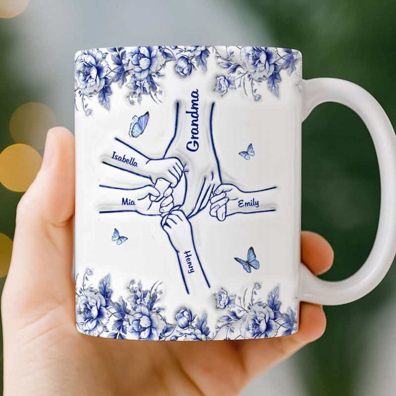 Personalisierte Tasse mit 3D-Reliefeffekt – Individuelles Geburtstagsgeschenk für Mama oder Oma – „Hand in Hand durchs Leben“