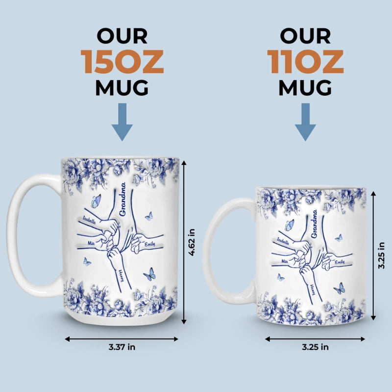 Personalisierte Tasse mit 3D-Reliefeffekt – Individuelles Geburtstagsgeschenk für Mama oder Oma – „Hand in Hand durchs Leben“