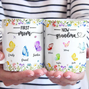 „Wie Schmetterlinge überdauert ihre Liebe die Generationen“ – Personalisierte Familientasse mit 3D-Reliefeffekt – Bedeutungsvolles Geschenk für Mama oder Oma