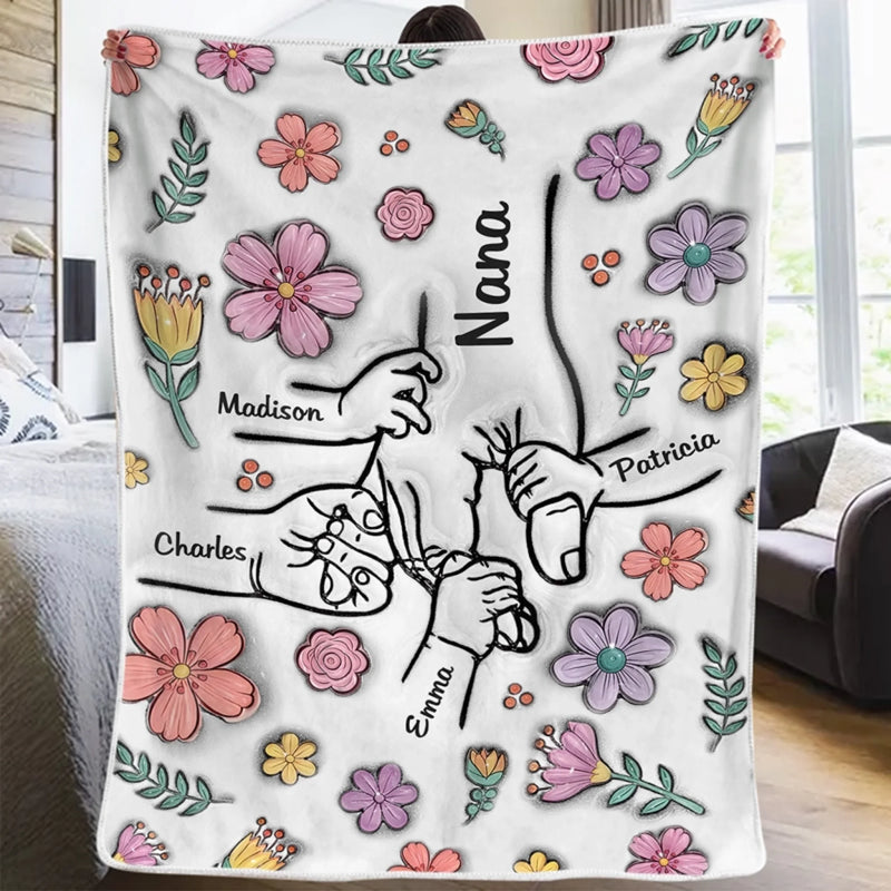 Hände halten Oma mit Liebe – Personalisierte Familiendecke mit 3D-Effektdruck – Muttertagsgeschenk, Geschenk für Mama oder Oma