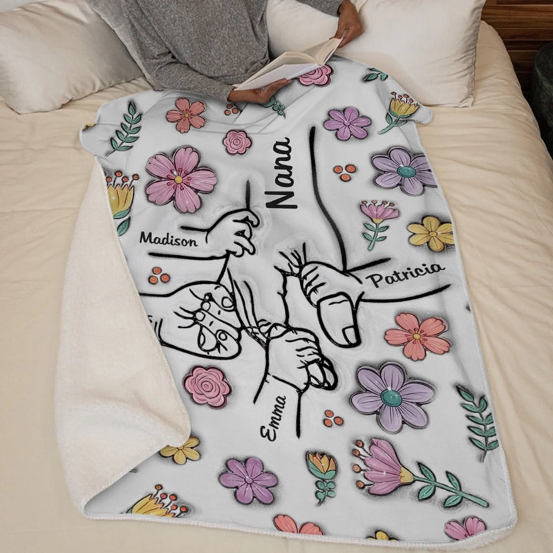 Hände halten Oma mit Liebe – Personalisierte Familiendecke mit 3D-Effektdruck – Muttertagsgeschenk, Geschenk für Mama oder Oma