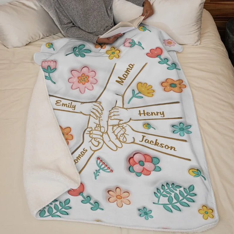 Finger verbunden mit Liebe – Personalisierte Familien-Decke mit 3D-Effektdruck – Muttertagsgeschenk, Geschenk für Mama oder Oma