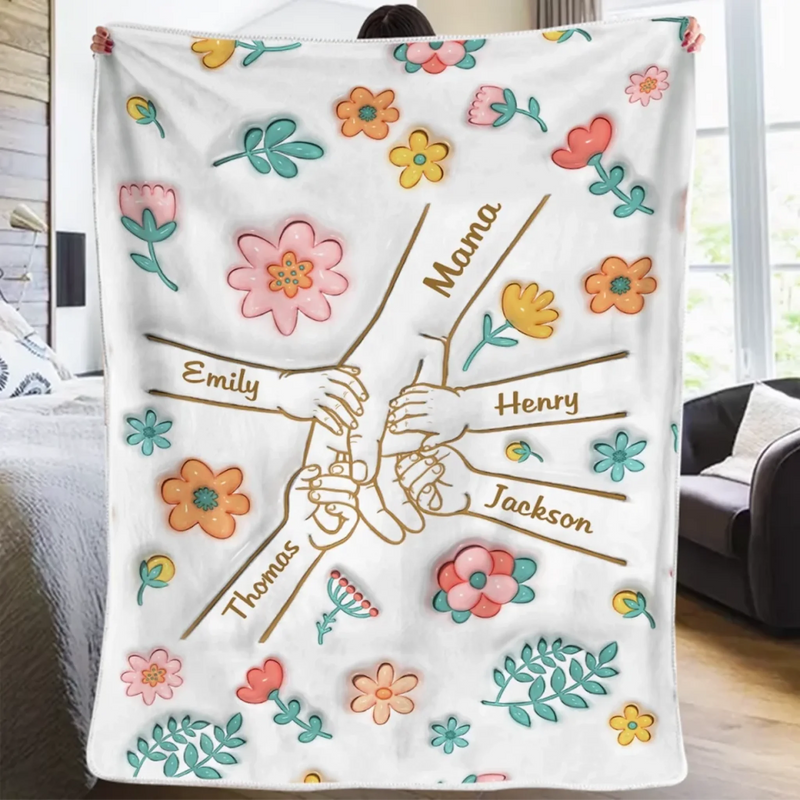 Finger verbunden mit Liebe – Personalisierte Familien-Decke mit 3D-Effektdruck – Muttertagsgeschenk, Geschenk für Mama oder Oma
