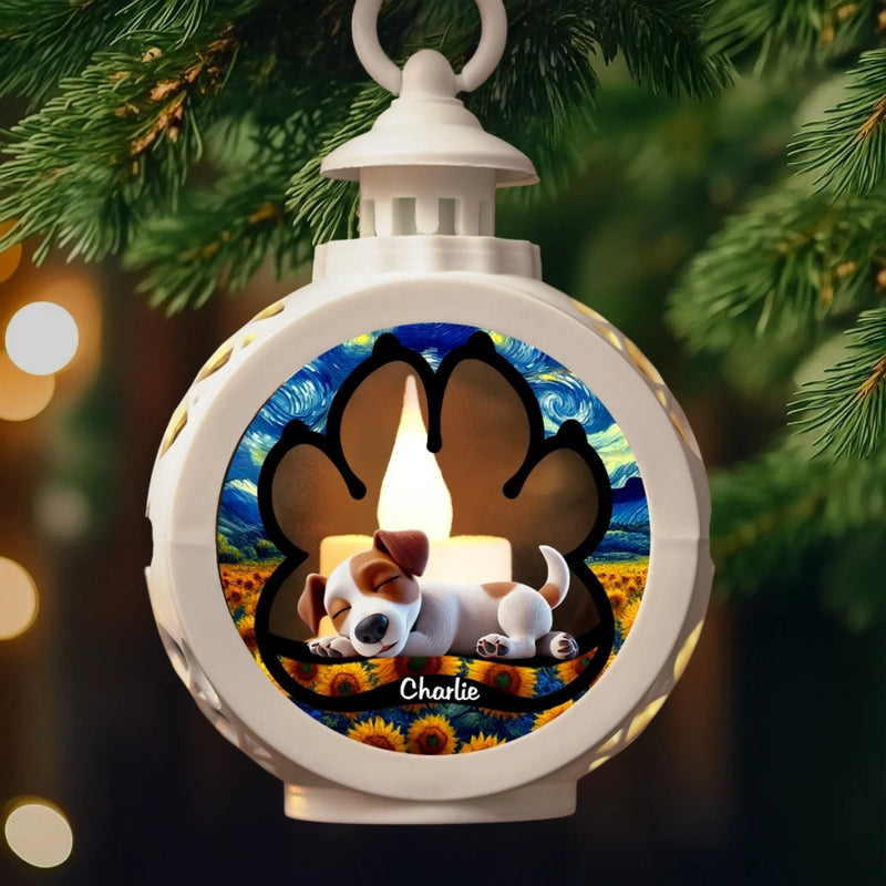 Personalisierter Laternen-Ornament mit Kerzenlicht – Weihnachtliches Erinnerungs- und Gedenkgeschenk für Hunde – „Pfotenabdrücke leben in unseren Herzen“