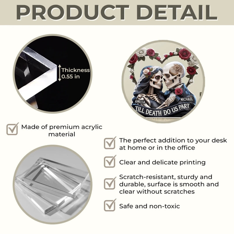 Personalisierte Gothic-Skelett-Acryltafel – Individuelles Hochzeits- oder Jubiläumsgeschenk für Ehemann und Ehefrau, für ihn und sie – „Bis zum Tod, immer noch gothic“