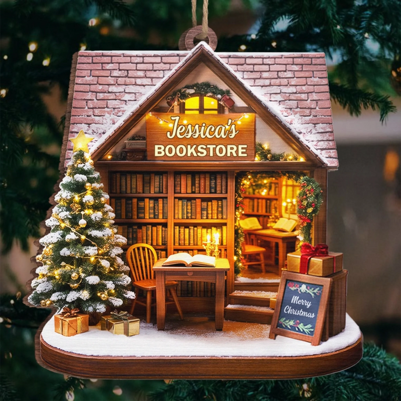 Personalisierter Holz-Ornament – Weihnachtsgeschenk für Bücherliebhaber, Leseratten und Vielleser – „Der Weihnachts­traum eines Bücherliebhabers“