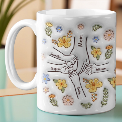 Personalisierte 3D-Tassen mit Aufbläh-Effekt – Familiengeschenk für Mama und Oma – „Du hältst unsere Hände und auch unsere Herzen“