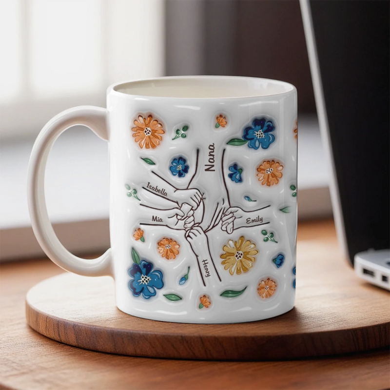Personalisierte 3D-Tasse mit Aufbläh-Effekt – Familiengeschenk zum Muttertag für Mama und Oma – „Halte meine Hand, halte mein Herz“