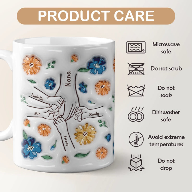 Personalisierte 3D-Tasse mit Aufbläh-Effekt – Familiengeschenk zum Muttertag für Mama und Oma – „Halte meine Hand, halte mein Herz“