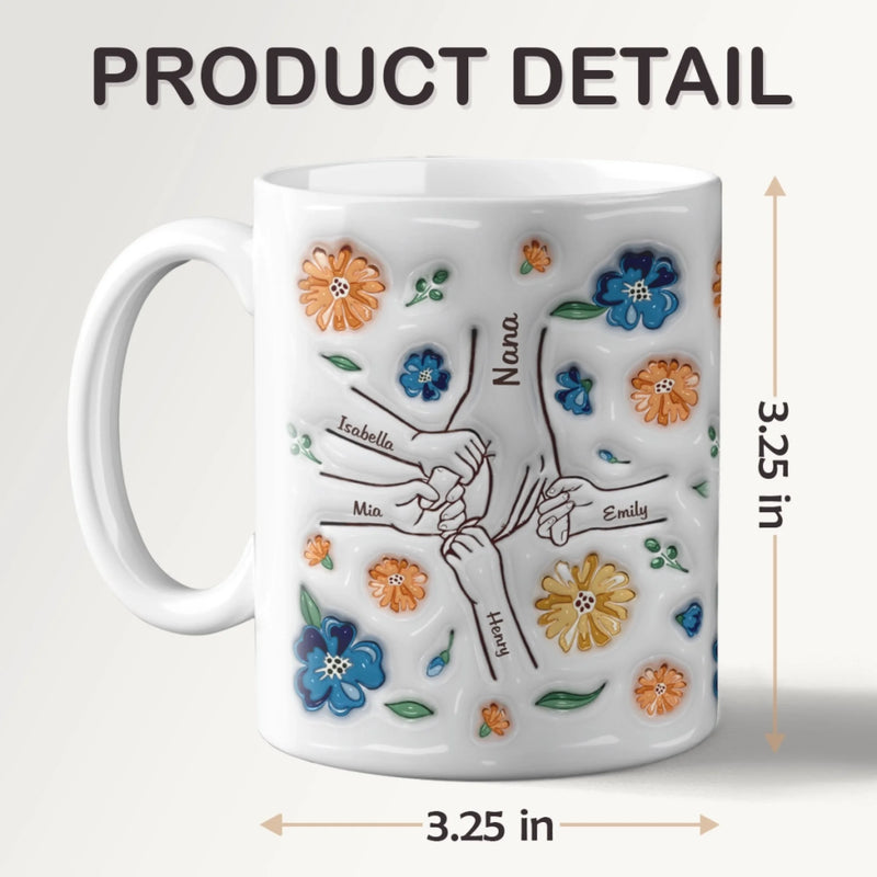 Personalisierte 3D-Tasse mit Aufbläh-Effekt – Familiengeschenk zum Muttertag für Mama und Oma – „Halte meine Hand, halte mein Herz“