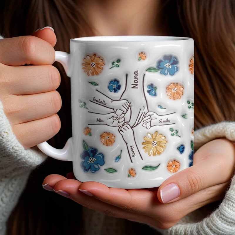 Personalisierte 3D-Tasse mit Aufbläh-Effekt – Familiengeschenk zum Muttertag für Mama und Oma – „Halte meine Hand, halte mein Herz“