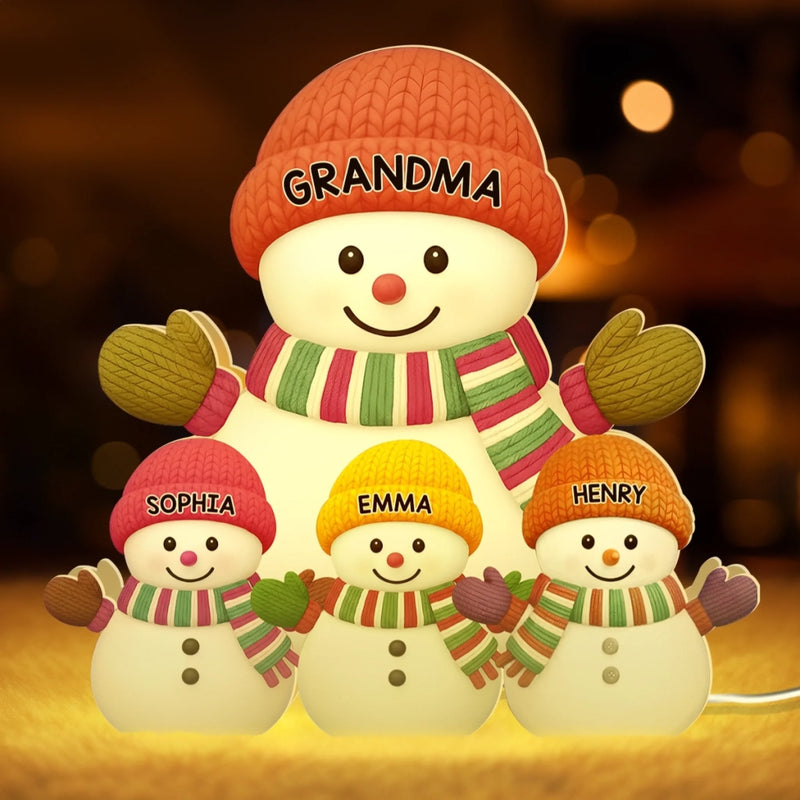 Maßgefertigte Schneemann-Lichtbox – Personalisiertes Weihnachts- oder Geburtstagsgeschenk für Großvater und Großmutter – Eine fröhliche Schneemann-Familie