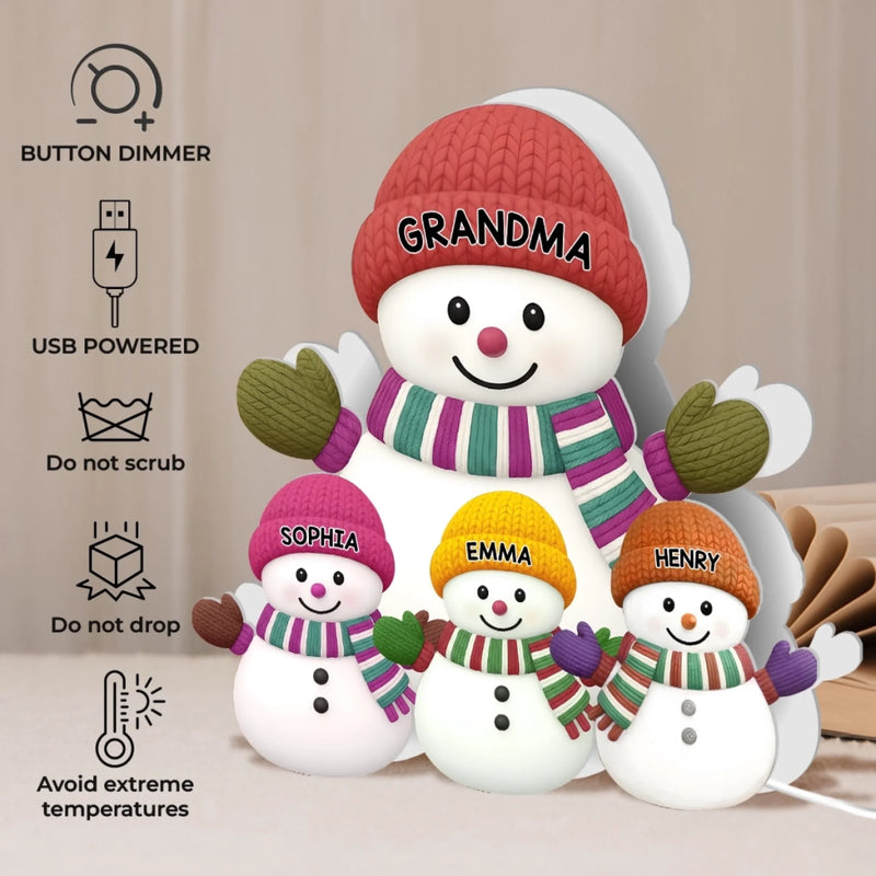 Maßgefertigte Schneemann-Lichtbox – Personalisiertes Weihnachts- oder Geburtstagsgeschenk für Großvater und Großmutter – Eine fröhliche Schneemann-Familie