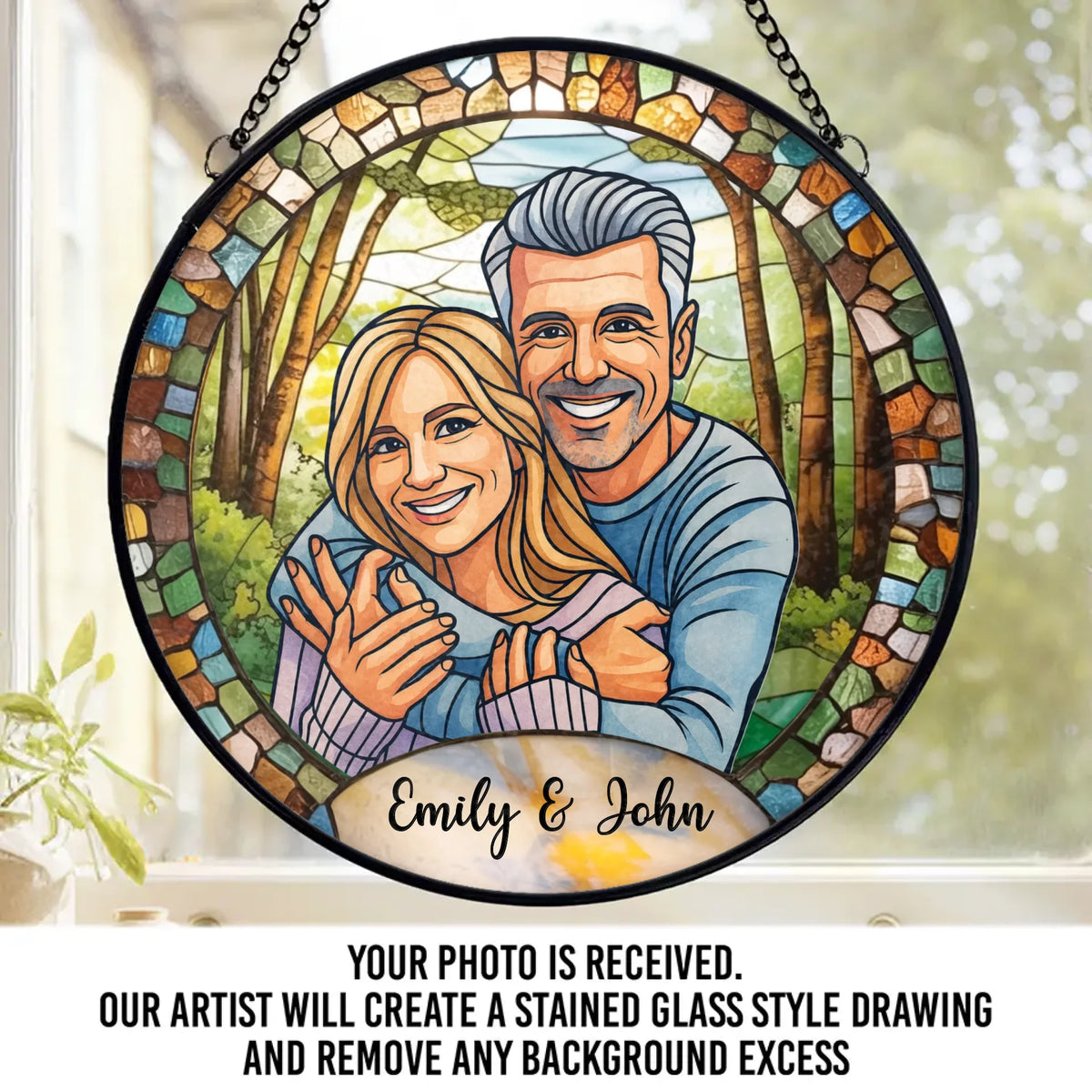 Benutzerdefinierter Foto-Sonnenfänger aus Buntglas zum Aufhängen am Fenster – Personalisierte Hochzeitsgeschenke zum Jahrestag für Mann und Frau, Sie und Ihn – Gemeinsam für immer gemalt