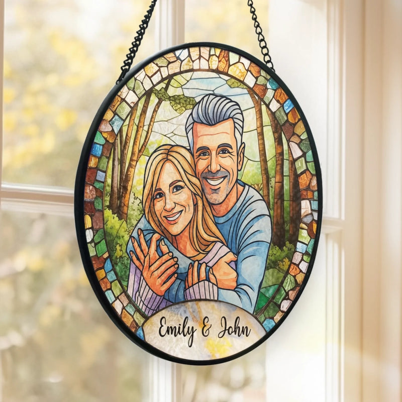Benutzerdefinierter Foto-Sonnenfänger aus Buntglas zum Aufhängen am Fenster – Personalisierte Hochzeitsgeschenke zum Jahrestag für Mann und Frau, Sie und Ihn – Gemeinsam für immer gemalt