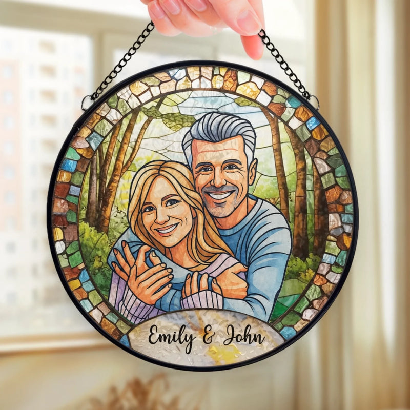 Benutzerdefinierter Foto-Sonnenfänger aus Buntglas zum Aufhängen am Fenster – Personalisierte Hochzeitsgeschenke zum Jahrestag für Mann und Frau, Sie und Ihn – Gemeinsam für immer gemalt