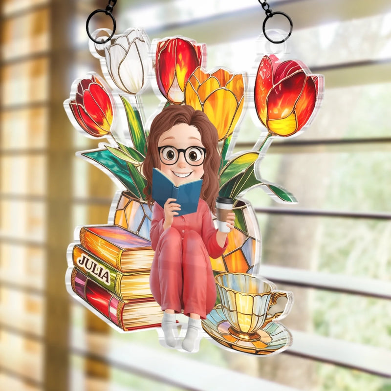 Benutzerdefiniertes Fenster-sonnenfänger-ornament - Personalisierte Büchergeschenke Für Buchliebhaber, Leseratten, Leser - Flower Power, Buchstunde