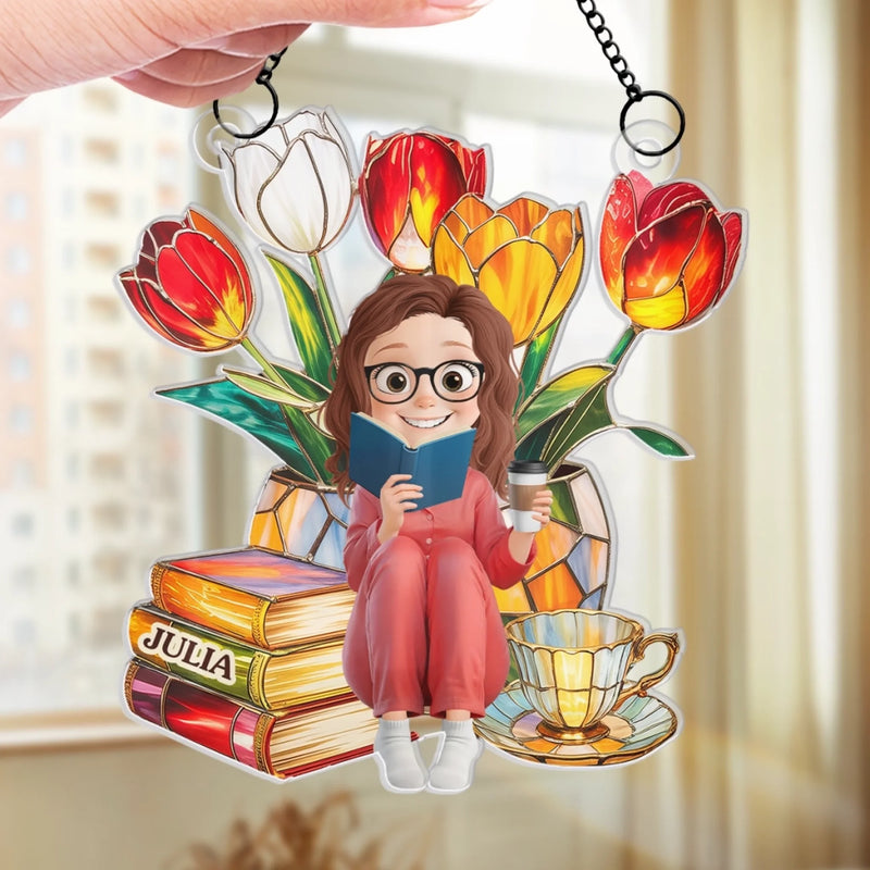 Benutzerdefiniertes Fenster-sonnenfänger-ornament - Personalisierte Büchergeschenke Für Buchliebhaber, Leseratten, Leser - Flower Power, Buchstunde