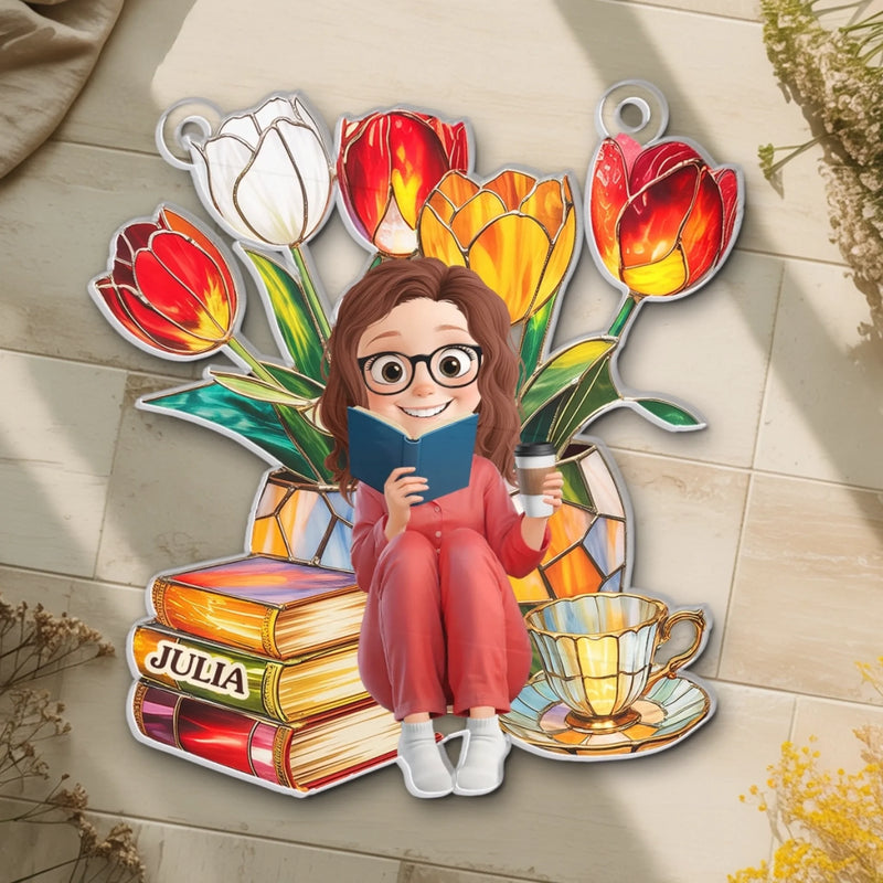Benutzerdefiniertes Fenster-sonnenfänger-ornament - Personalisierte Büchergeschenke Für Buchliebhaber, Leseratten, Leser - Flower Power, Buchstunde