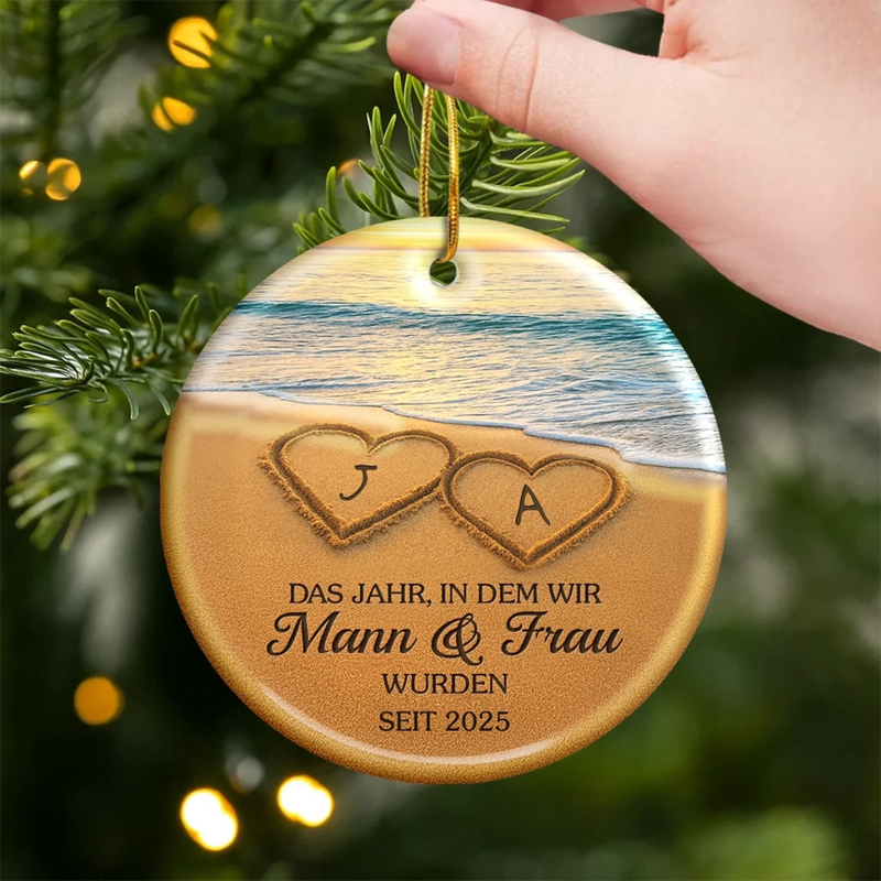 Personalisiertes Keramikornament - Personalisiertes Jubiläums-weihnachts-hochzeitsgeschenk Für Mann Und Frau, Sie Und Ihn - Unser Glücklichsein Bis Ans Ende, In Sand Gesetzt