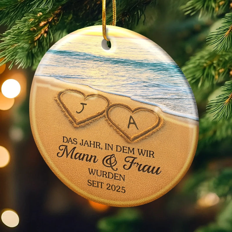 Personalisiertes Keramikornament - Personalisiertes Jubiläums-weihnachts-hochzeitsgeschenk Für Mann Und Frau, Sie Und Ihn - Unser Glücklichsein Bis Ans Ende, In Sand Gesetzt
