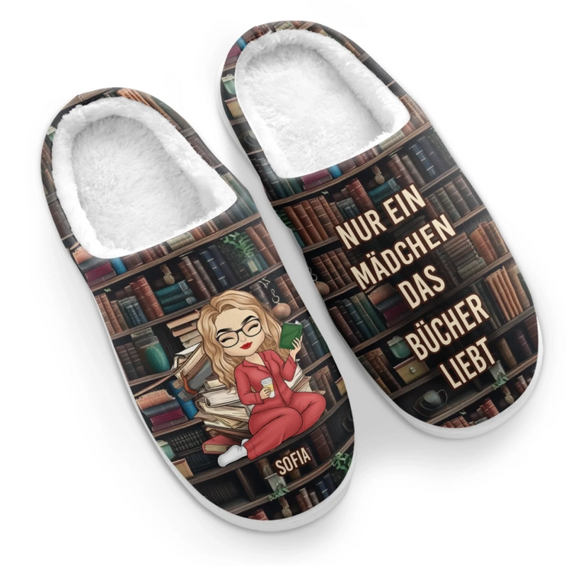 Individuelle flauschige Hausschuhe – Personalisierte Bücher Geschenke für Buchliebhaber, Bücherwürmer, Leser – Einfach ein Mädchen, das Bücher liebt