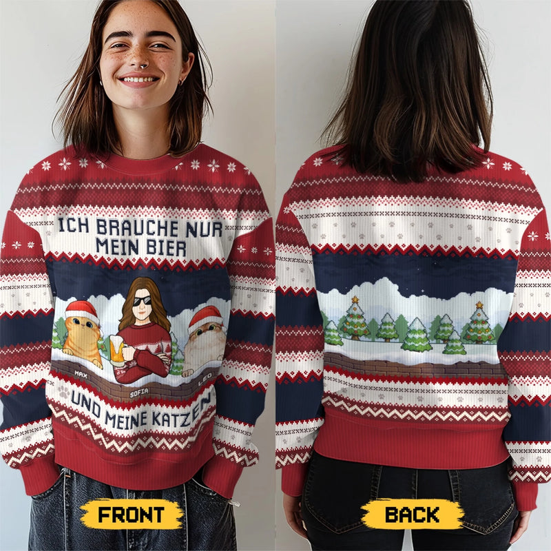 Individuell Gestaltetes Unisex Sweatshirt – Personalisierte Weihnachts- Und Geburtstagsgeschenke Für Katzenliebhaber Und Katzeneltern – Ich Brauche Nur Mein Bier Und Meine Katzen