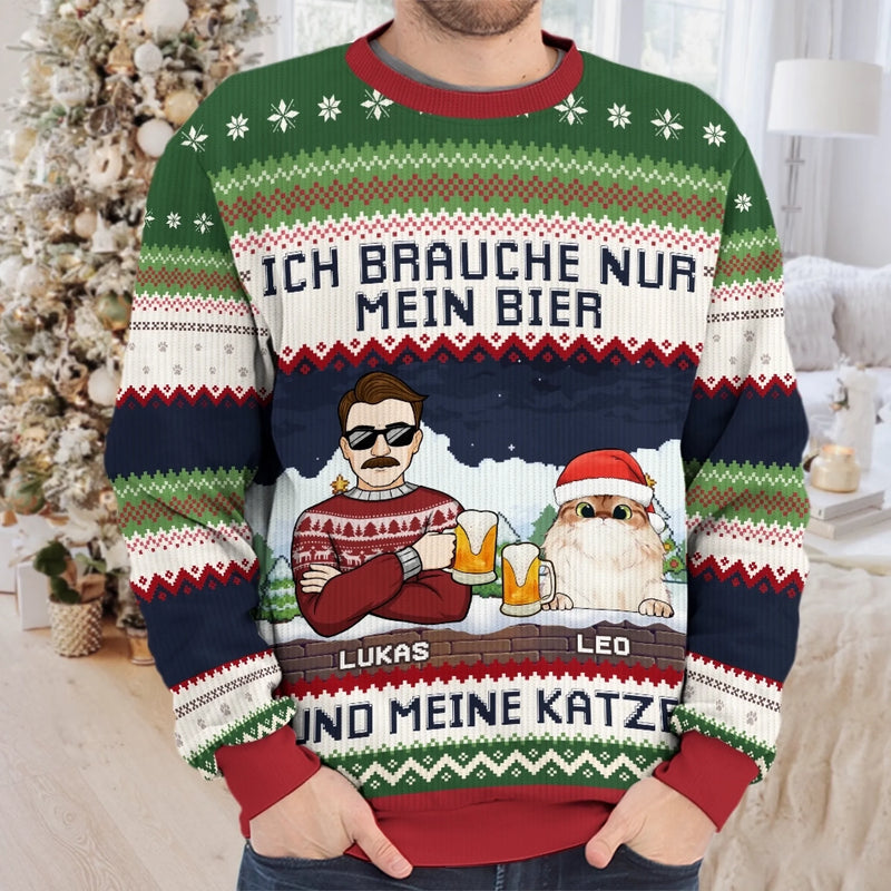 Individuell Gestaltetes Unisex Sweatshirt – Personalisierte Weihnachts- Und Geburtstagsgeschenke Für Katzenliebhaber Und Katzeneltern – Ich Brauche Nur Mein Bier Und Meine Katzen
