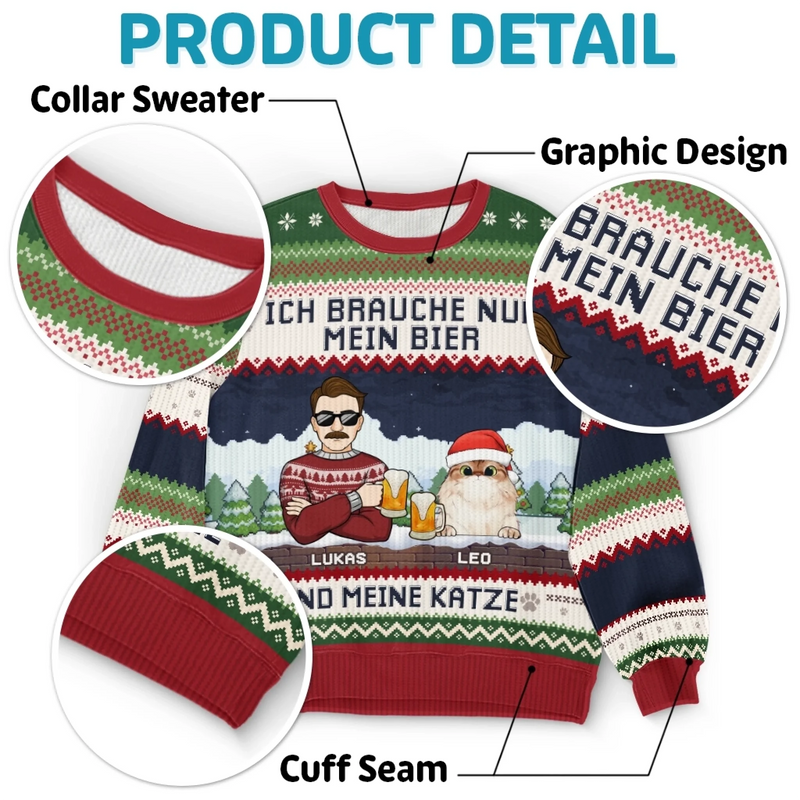 Individuell Gestaltetes Unisex Sweatshirt – Personalisierte Weihnachts- Und Geburtstagsgeschenke Für Katzenliebhaber Und Katzeneltern – Ich Brauche Nur Mein Bier Und Meine Katzen