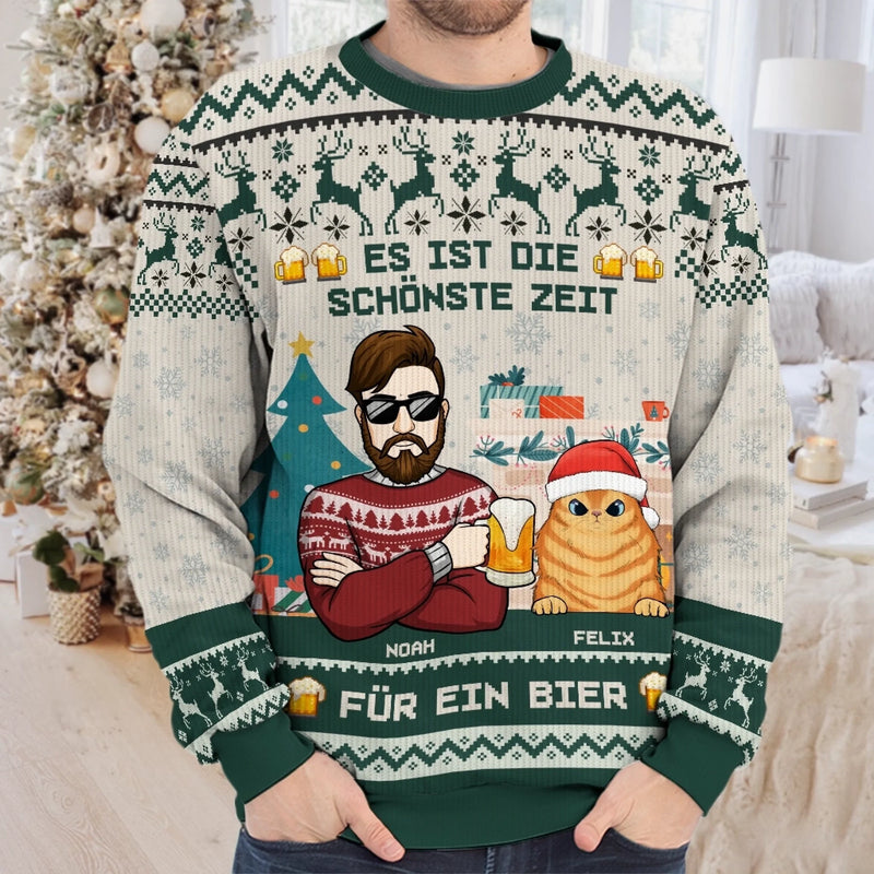 Benutzerdefiniertes Unisex Hässliches Sweatshirt – Personalisierte Weihnachts- Und Geburtstagsgeschenke Für Hunde- Und Katzenliebhaber, Hundeeltern Und Katzenbesitzer – Es Ist Die Schönste Zeit Für Ein Bier