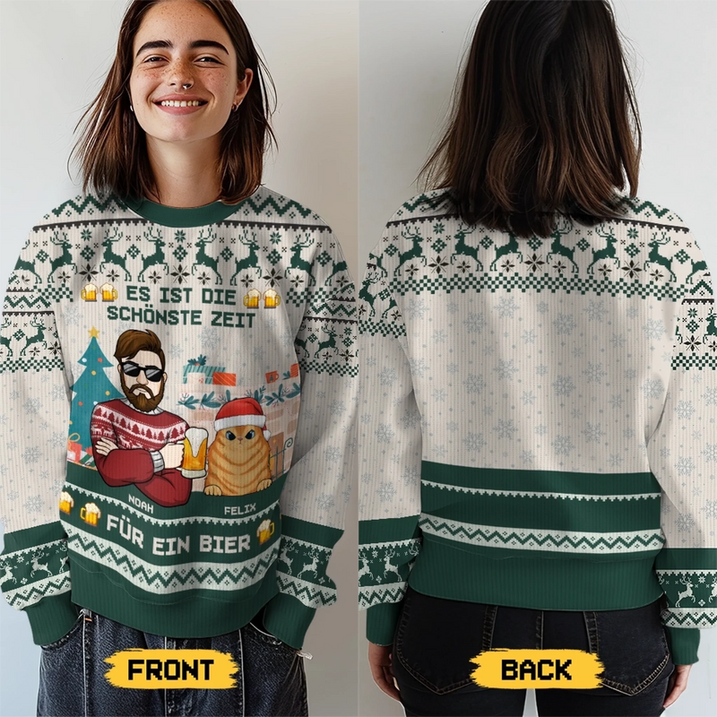 Benutzerdefiniertes Unisex Hässliches Sweatshirt – Personalisierte Weihnachts- Und Geburtstagsgeschenke Für Hunde- Und Katzenliebhaber, Hundeeltern Und Katzenbesitzer – Es Ist Die Schönste Zeit Für Ein Bier