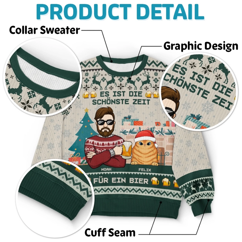 Benutzerdefiniertes Unisex Hässliches Sweatshirt – Personalisierte Weihnachts- Und Geburtstagsgeschenke Für Hunde- Und Katzenliebhaber, Hundeeltern Und Katzenbesitzer – Es Ist Die Schönste Zeit Für Ein Bier