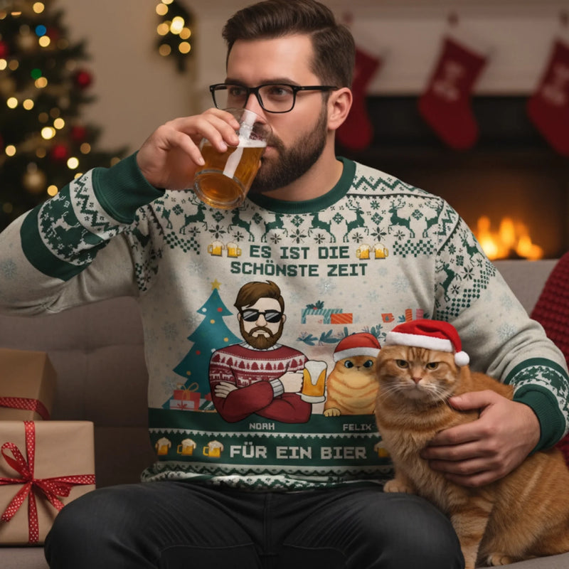 Benutzerdefiniertes Unisex Hässliches Sweatshirt – Personalisierte Weihnachts- Und Geburtstagsgeschenke Für Hunde- Und Katzenliebhaber, Hundeeltern Und Katzenbesitzer – Es Ist Die Schönste Zeit Für Ein Bier