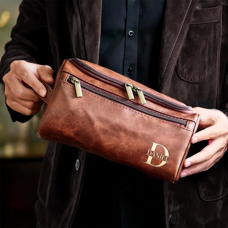 Individuell Gravierte Leder-kulturtasche – Personalisierte Geburtstagsgeschenke Für Papa, Bruder, Opa, Ehemann – Für Den Mann, Der Immer Unterwegs Ist