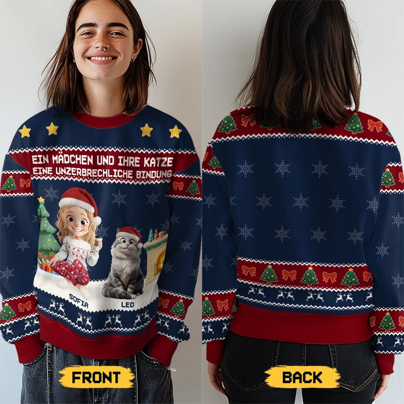 Individuell Gestaltetes Unisex Sweatshirt – Personalisierte Weihnachts- und Geburtstagsgeschenke für Familie, Hunde- und Katzenliebhaber – Ein Mädchen Und Ihre Katze