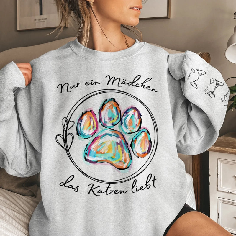 Personalisiertes Unisex-Sweatshirt mit Ärmeldesign – Personalisierte Weihnachts- und Geburtstagsgeschenke für Familie, Hunde- und Katzenliebhaber – Ein Mädchen Und Ihre Katze