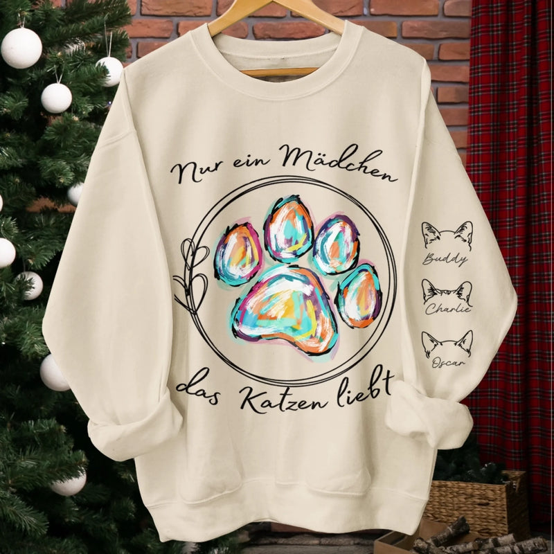 Personalisiertes Unisex-Sweatshirt mit Ärmeldesign – Personalisierte Weihnachts- und Geburtstagsgeschenke für Familie, Hunde- und Katzenliebhaber – Ein Mädchen Und Ihre Katze