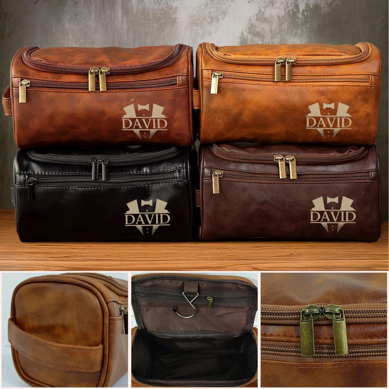 Personalisierte Leder-kulturtasche mit Gravur - Personalisierte Weihnachts- und Geburtstagsgeschenke für Papa, Bruder, Sohn, Ehemann, Trauzeugin, beste Freunde – Klassisch und Elegant