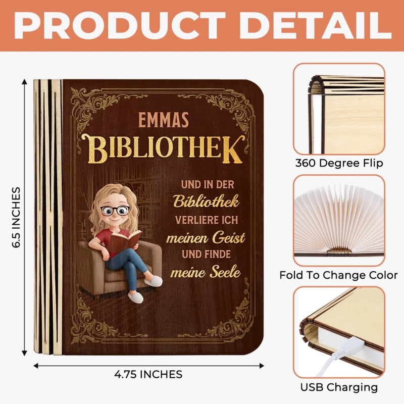 Individuelle Faltbare Led-magie-buchlampe - Personalisierte Büchergeschenke Für Buchliebhaber, Bücherwürmer, Leser - In Der Bibliothek Verliere Ich Meinen Geist
