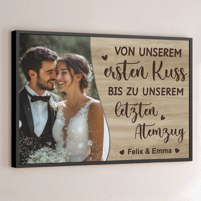Personalisiertes Horizontales Poster mit Foto – Personalisierte Hochzeitsgeschenke zum Jahrestag für Ehemann und Ehefrau, Ihn und Sie – Von Unserem Ersten Kuss
