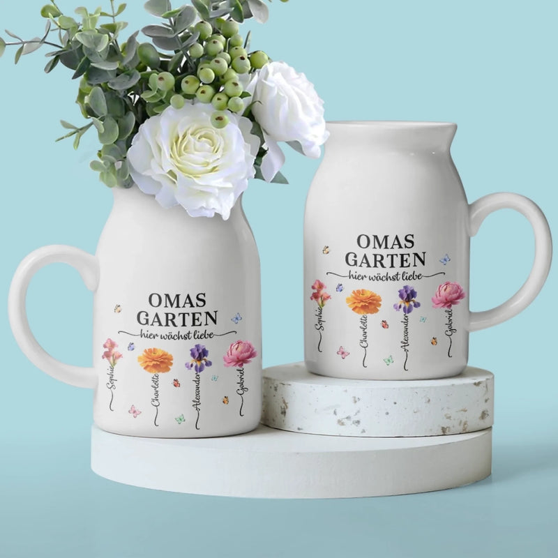 Personalisierte Blumenvase – Geschenk für Mama, Oma – Liebe wächst am besten in Omas Garten