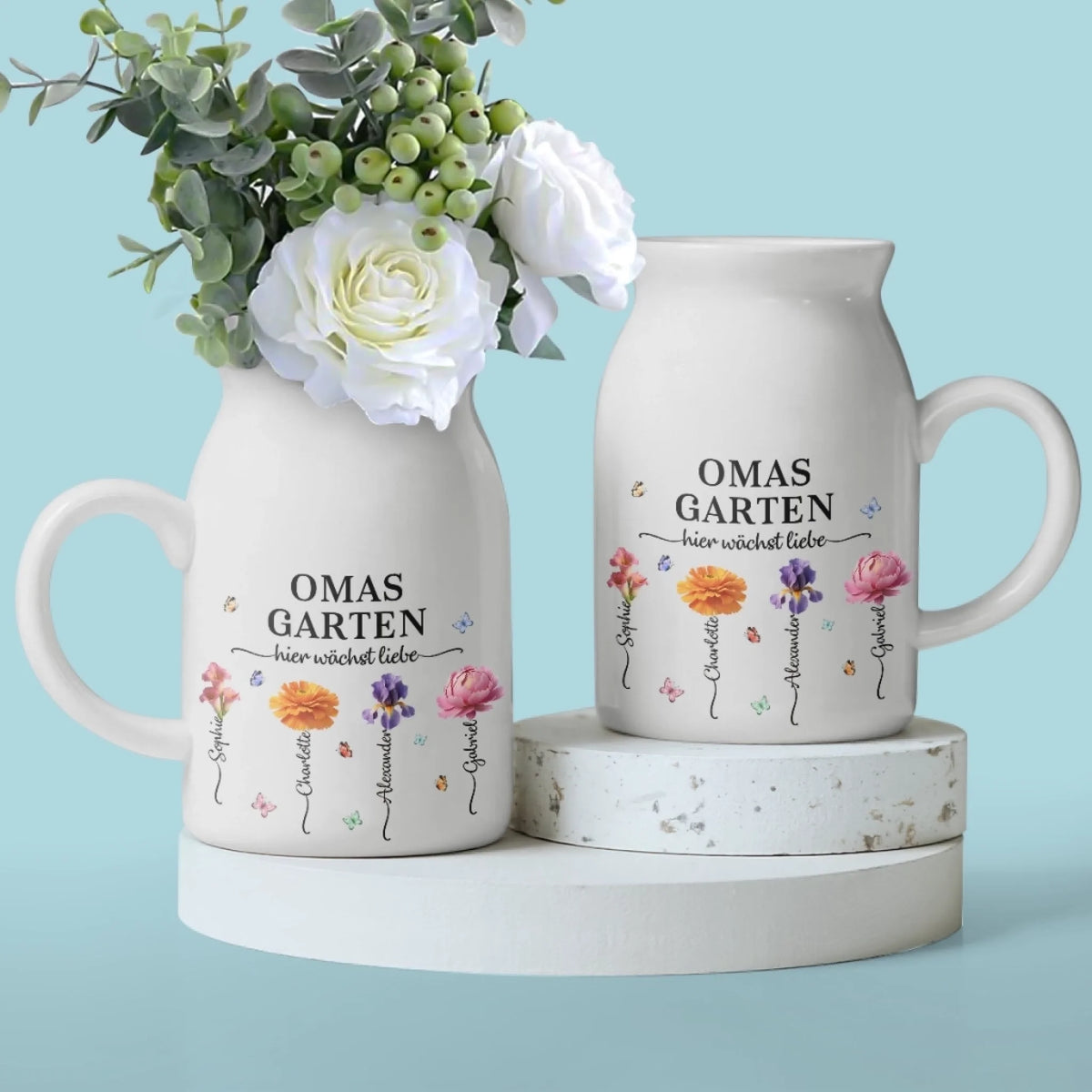 Personalisierte Blumenvase – Geschenk für Mama, Oma – Liebe wächst am besten in Omas Garten