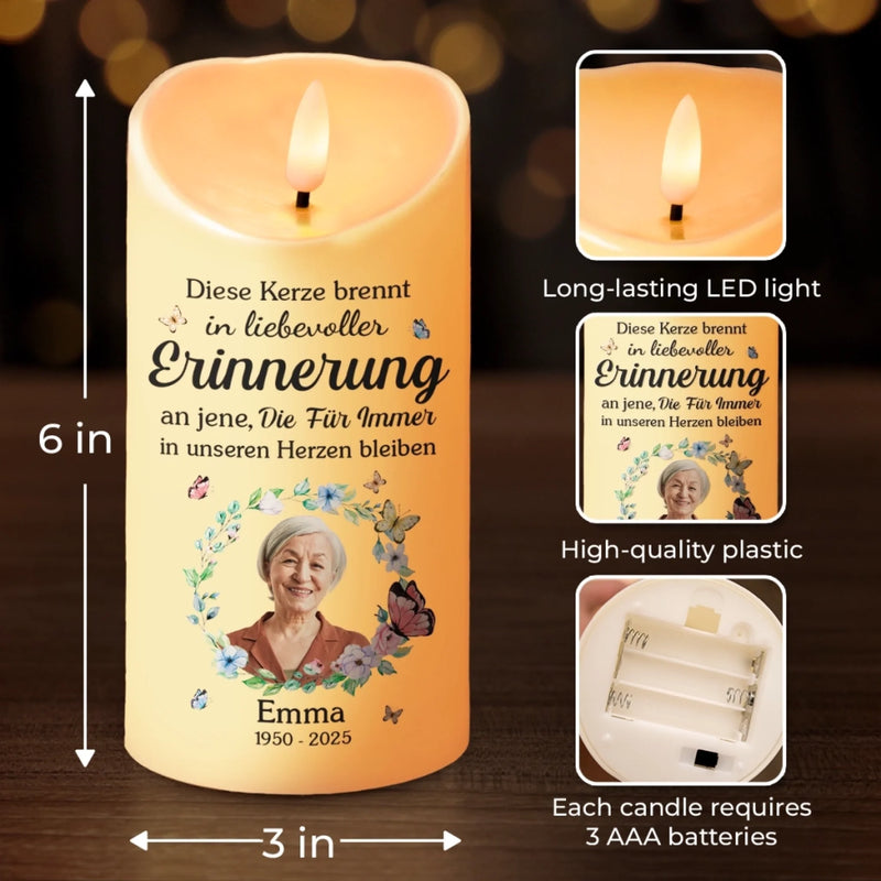 Personalisierte LED-Kerze mit Foto – Gedenken an Verstorbene | Erinnerung an Mama, Papa –  In unseren Herzen bleiben